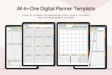 Mock up of hyperlinked digital planner of yearly overview, monthly overview, daily planner and monthly budget planner