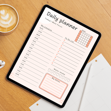 Daily Digital Planner template with time block section, to do lilst, water intake and note section.