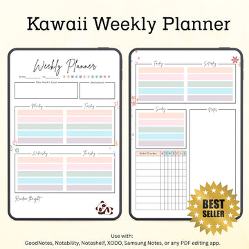 Kawaii Weekly Digital Planner with Habit Tracker & Notes