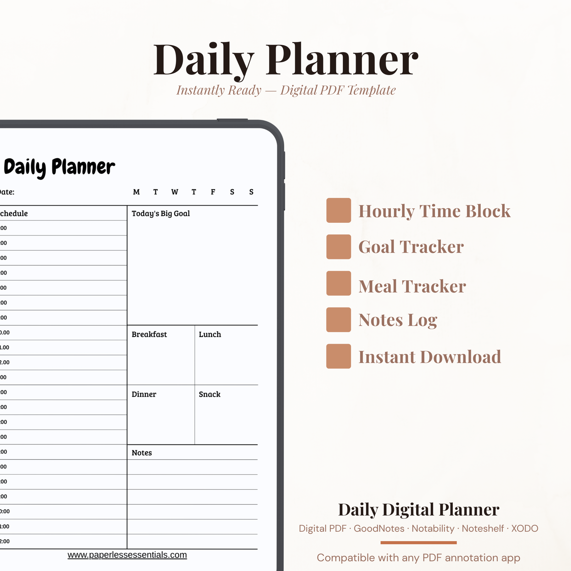 24 Hour Digital Daily Planner PDF for iPad - Full Day Schedule Big Goal Meal Plan GoodNotes Instant Download