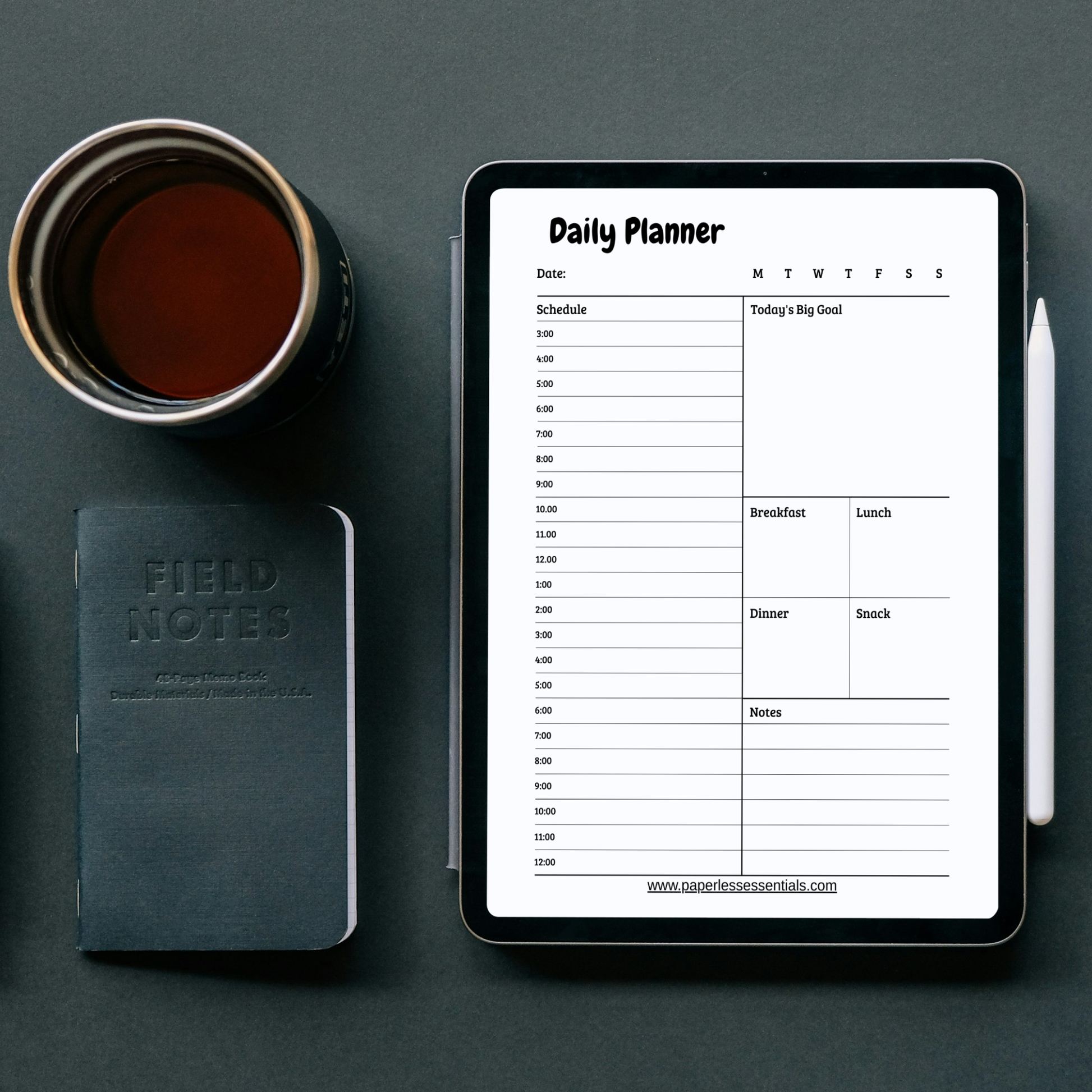 24 Hour Digital Daily Planner PDF for iPad - Full Day Schedule Big Goal Meal Plan GoodNotes Instant Download