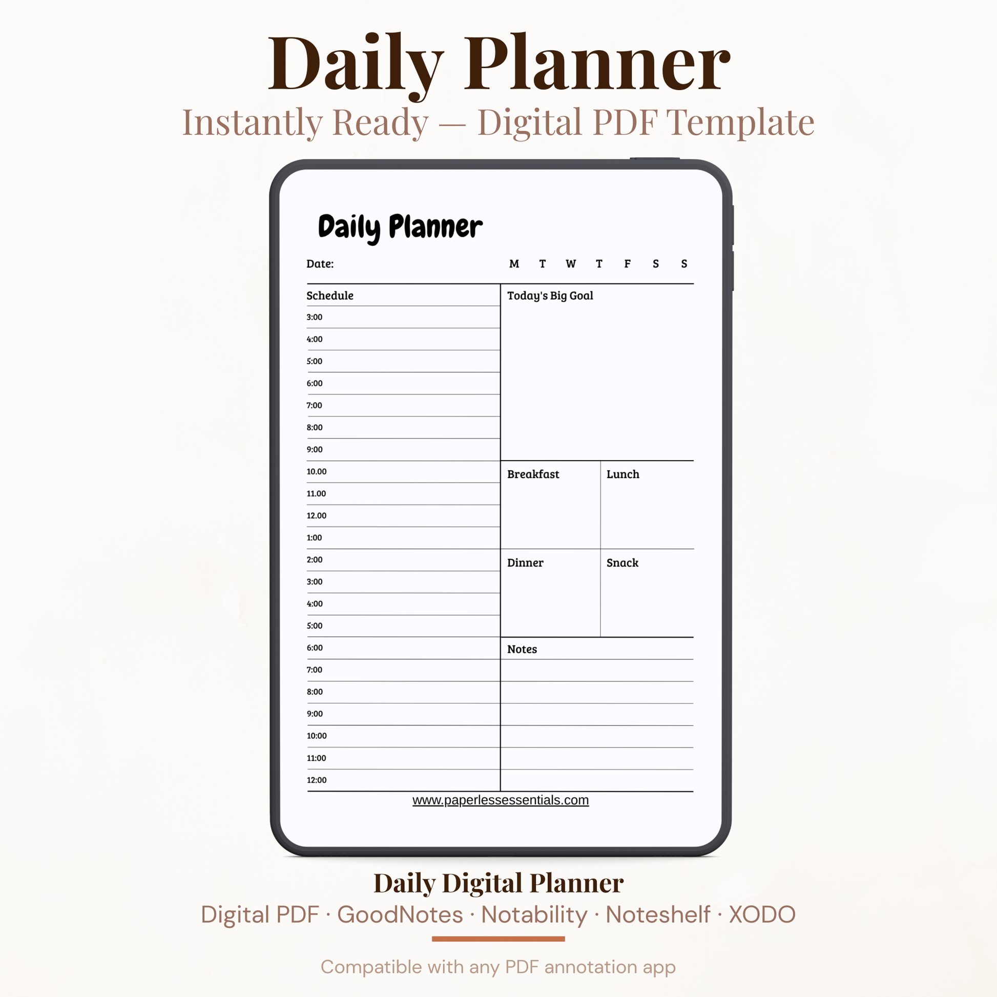 24 Hour Digital Daily Planner PDF for iPad - Full Day Schedule Big Goal Meal Plan GoodNotes Instant Download