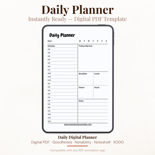 24 Hour Digital Daily Planner PDF for iPad - Full Day Schedule Big Goal Meal Plan GoodNotes Instant Download