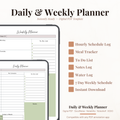 Undated digital daily and weekly planner PDF bundle shown side by side on two iPads with a clean minimal design in sage green and warm white, the daily planner featuring a date field, my schedule section, to do list, notes, today's meals tracker for breakfast lunch dinner and snack, today's motivation section and water intake tracker numbered one through ten, and the weekly planner featuring a week of field, Monday through Sunday daily sections, to do list with checkboxes and a notes section.