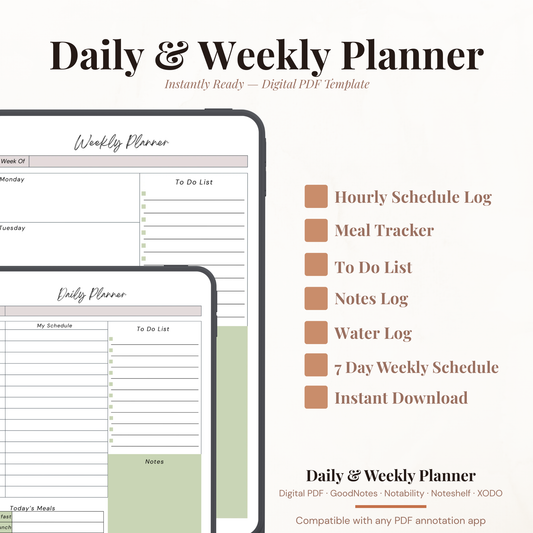 Undated digital daily and weekly planner PDF bundle shown side by side on two iPads with a clean minimal design in sage green and warm white, the daily planner featuring a date field, my schedule section, to do list, notes, today's meals tracker for breakfast lunch dinner and snack, today's motivation section and water intake tracker numbered one through ten, and the weekly planner featuring a week of field, Monday through Sunday daily sections, to do list with checkboxes and a notes section.