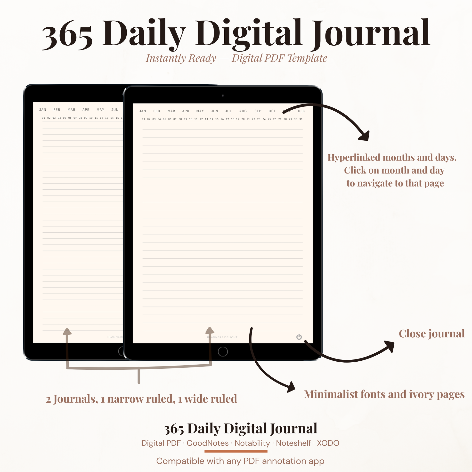 365 Day Digital Journal PDF Hyperlinked for iPad - Lined Pages Date Month Selector GoodNotes Instant Download