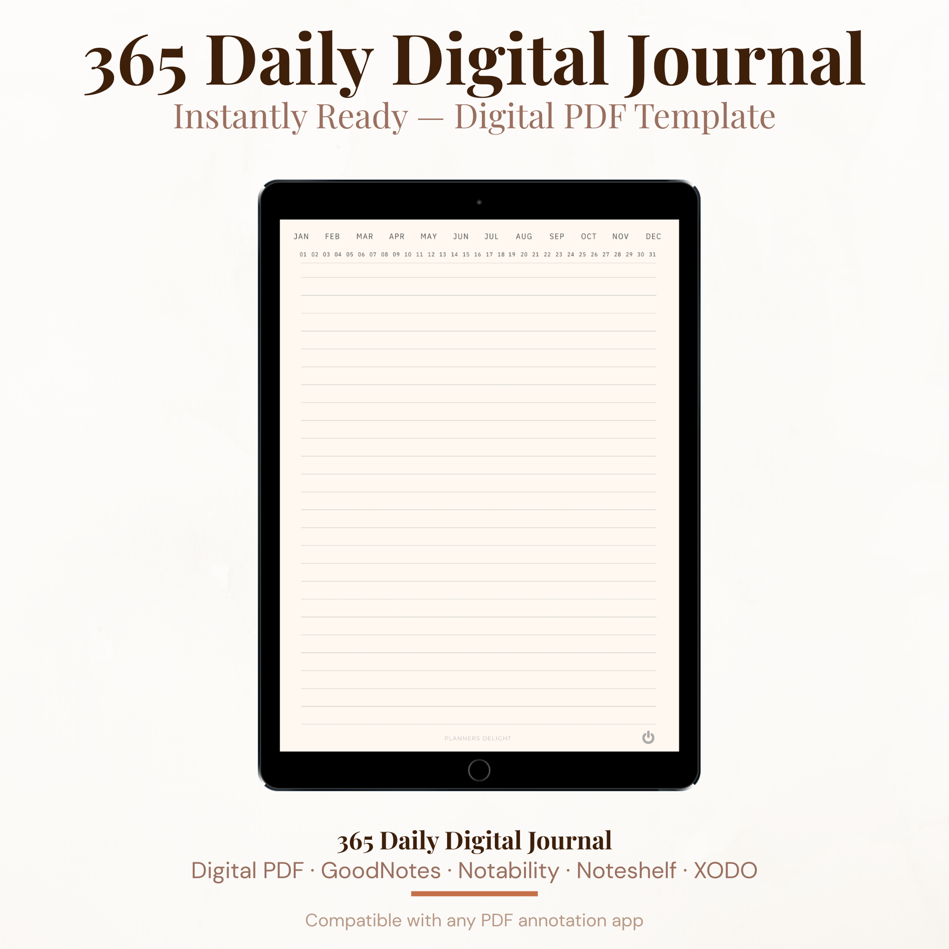 365 Day Digital Journal PDF Hyperlinked for iPad - Lined Pages Date Month Selector GoodNotes Instant Download