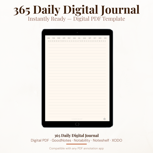 365 Day Digital Journal PDF Hyperlinked for iPad - Lined Pages Date Month Selector GoodNotes Instant Download