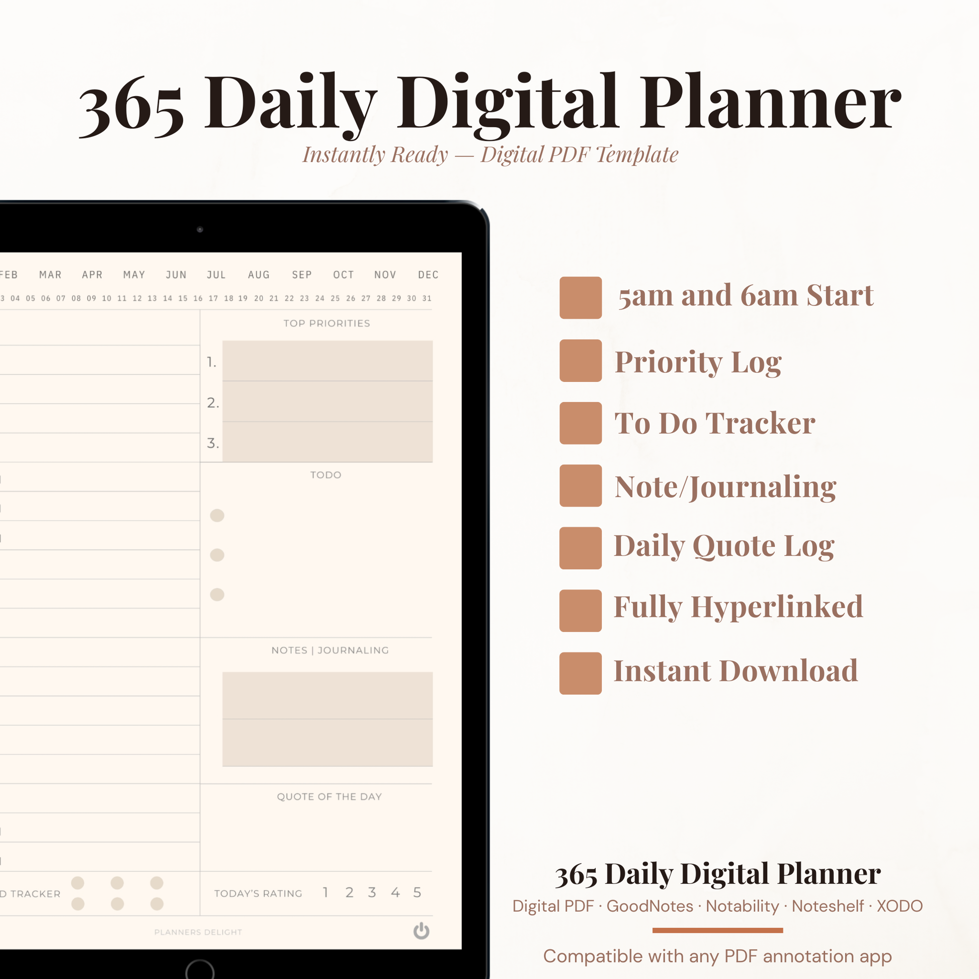365 Day Digital Daily Planner PDF Hyperlinked for iPad - Hourly Schedule Mood Tracker Quote of Day GoodNotes Instant Download