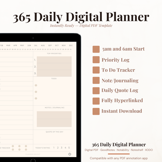 365 Day Digital Daily Planner PDF Hyperlinked for iPad - Hourly Schedule Mood Tracker Quote of Day GoodNotes Instant Download