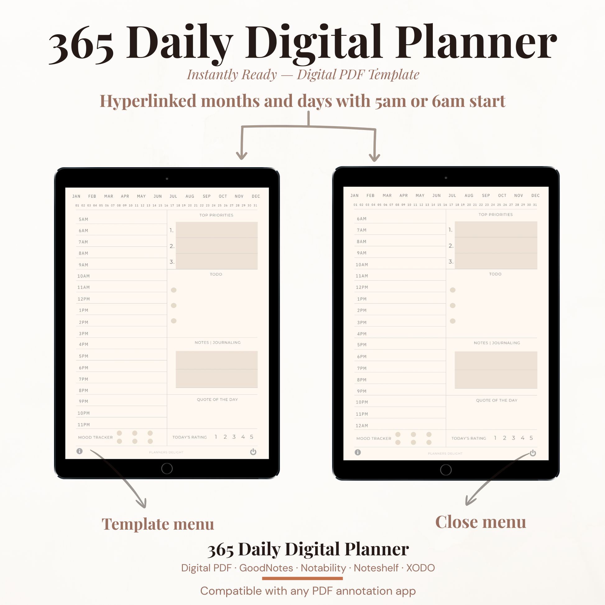 365 Day Digital Daily Planner PDF Hyperlinked for iPad - Hourly Schedule Mood Tracker Quote of Day GoodNotes Instant Download