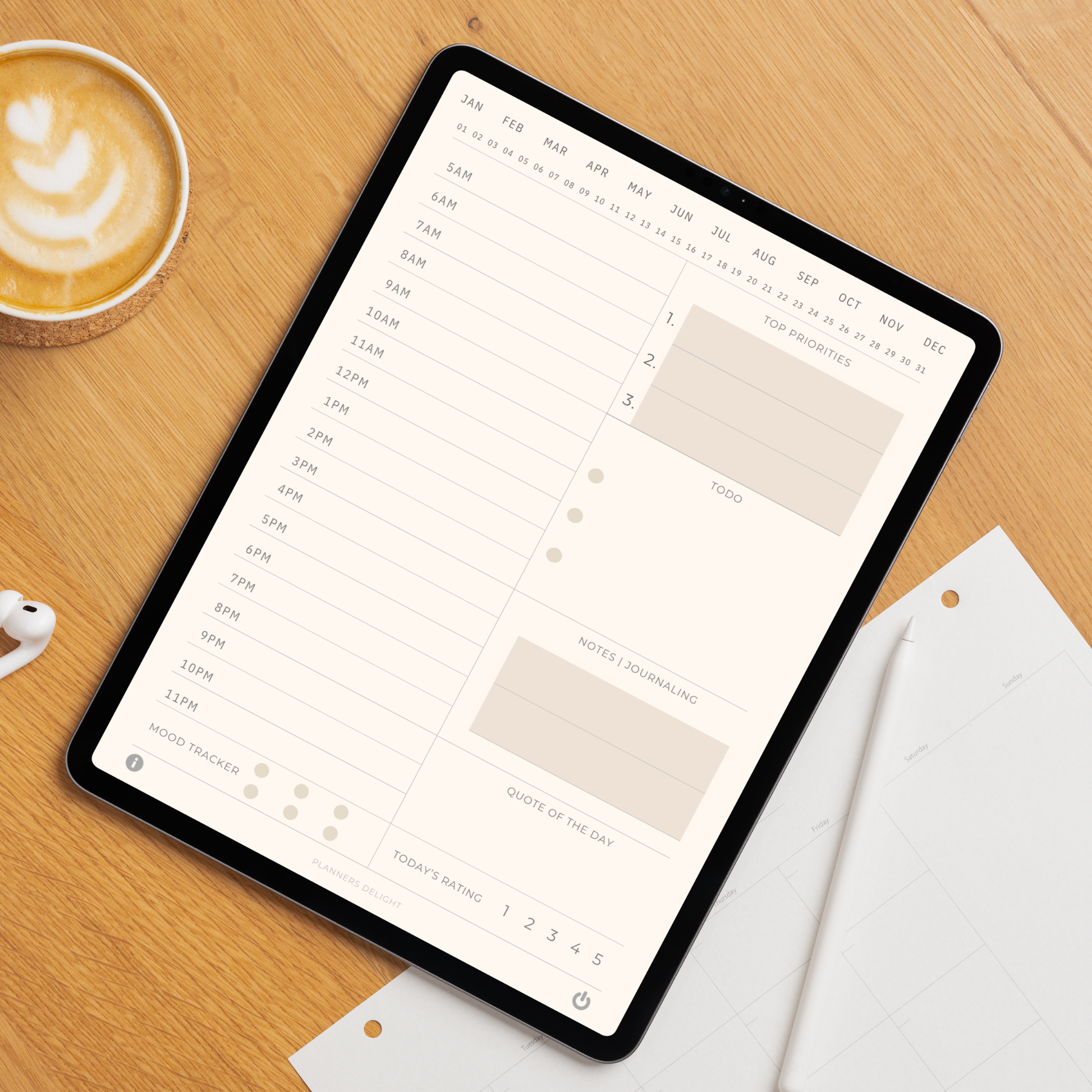 365 Day Digital Daily Planner PDF Hyperlinked for iPad - Hourly Schedule Mood Tracker Quote of Day GoodNotes Instant Download