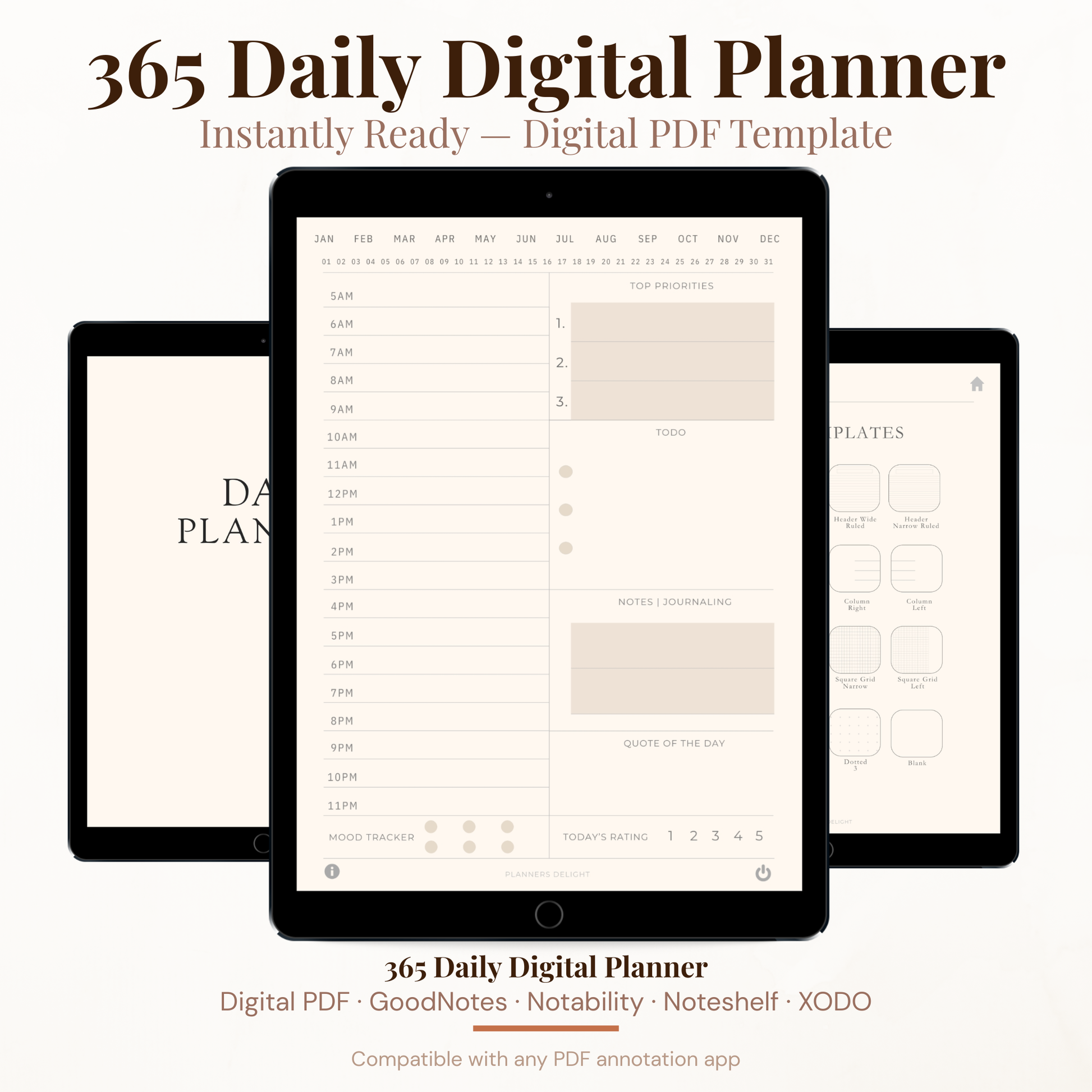 365 Day Digital Daily Planner PDF Hyperlinked for iPad - Hourly Schedule Mood Tracker Quote of Day GoodNotes Instant Download