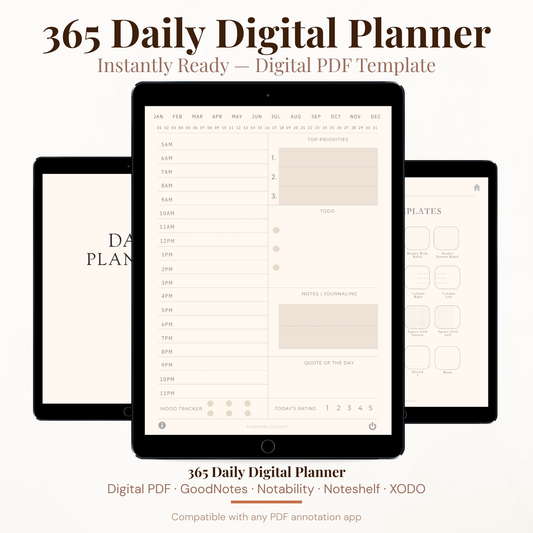 365 Day Digital Daily Planner PDF Hyperlinked for iPad - Hourly Schedule Mood Tracker Quote of Day GoodNotes Instant Download