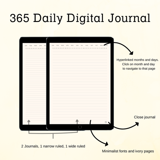 365 Day Digital Journal, Hyperlinked Minimalist Daily Journal with Stickers
