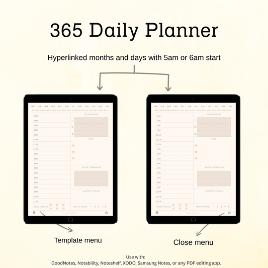 365 Undated Daily Planner, Hyperlinked Digital Planner for GoodNotes & Notability, Daily Life Log, Productivity Journal for iPad & Tablet