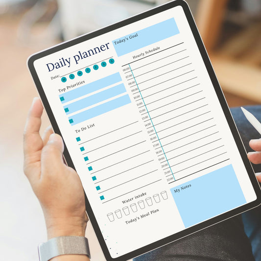 Blue Daily Digital Planner with Hourly Schedule, Undated iPad Planner with Priorities, To-Do List, Meal Plan & Daily Goal