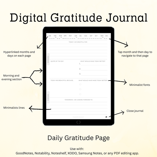 365 Daily Gratitude Digital Journal, Hyperlinked Planner for iPad & Kindle Scribe, Boho Covers, 650+ Stickers, Morning & Evening Reflection
