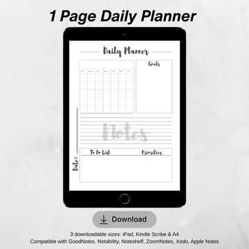 Daily Digital Planner Page, To Do List, Goals, Calender and Notes