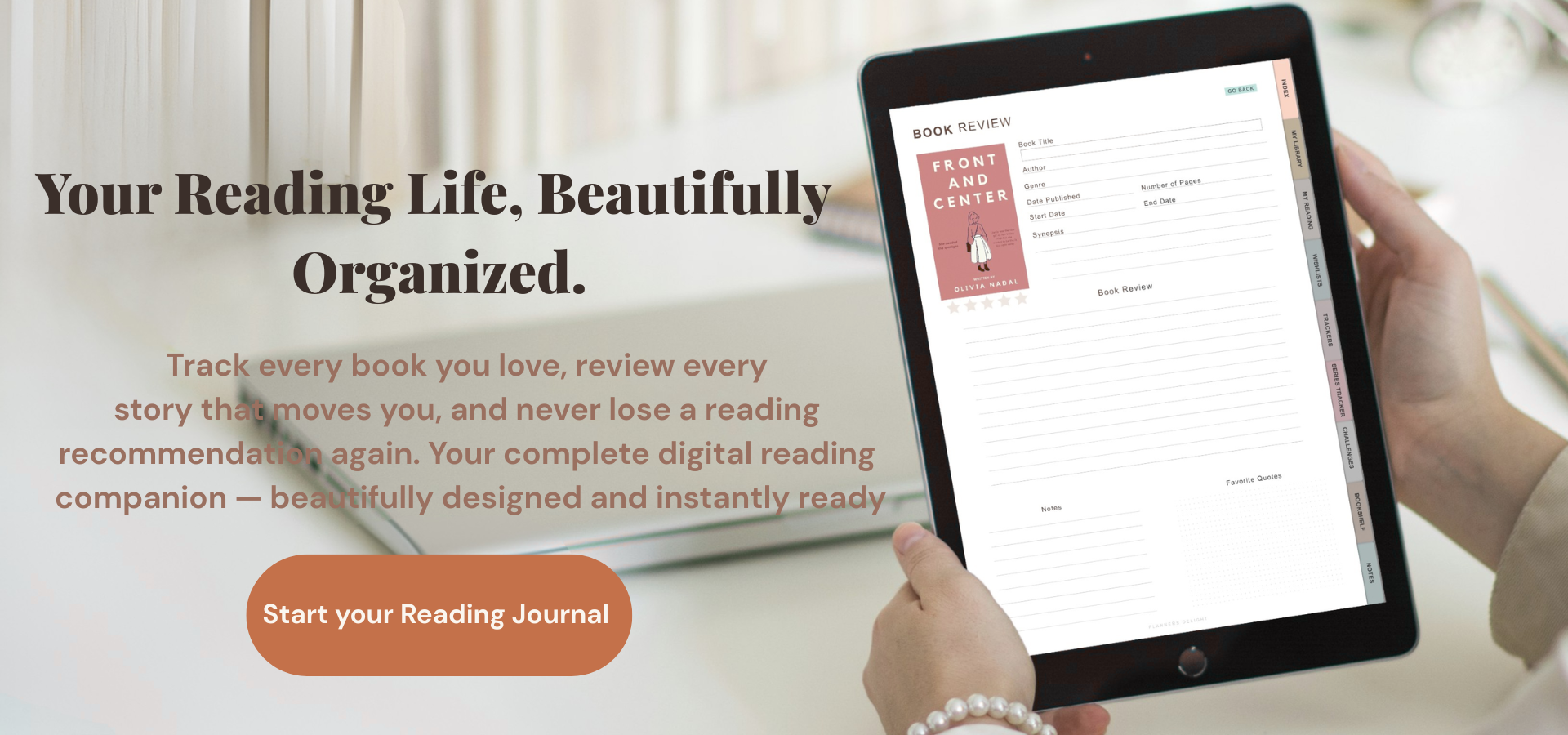 Woman writing in digital reading journal on iPad with Apple Pencil — Paperless Essentials