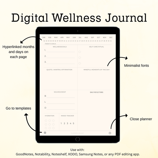 365 Day Digital Wellness Planner, Hyperlinked Minimalist Self-Care Journal with Stickers