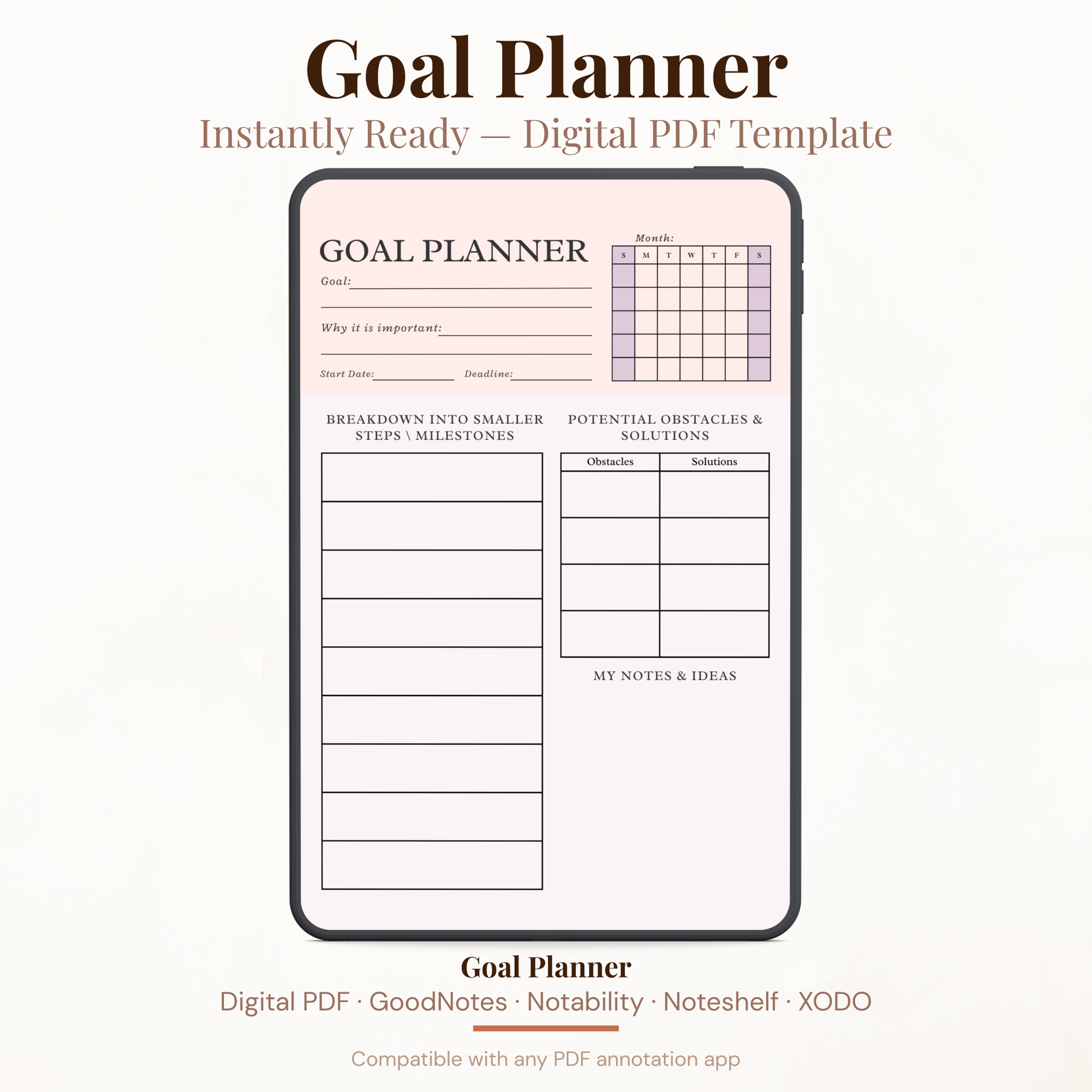 Digital Goal Planner PDF template displayed on iPad — instant download for GoodNotes and Notability