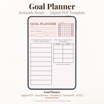 Digital Goal Planner PDF template displayed on iPad — instant download for GoodNotes and Notability
