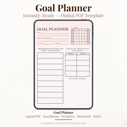 Digital Goal Planner PDF template displayed on iPad — instant download for GoodNotes and Notability
