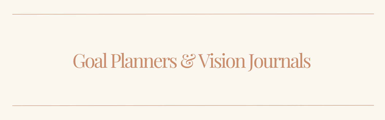 A minimalist beige cover design with the words 'Goal Planners & Vision Journals' in a warm brown serif font, framed by thin horizontal brown lines at the top and bottom.