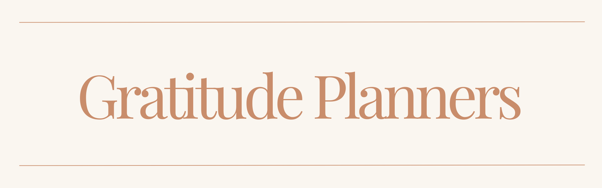 The text 'Gratitude Planners' in a warm peach serif font, centered on a cream background with thin peach horizontal lines above and below.