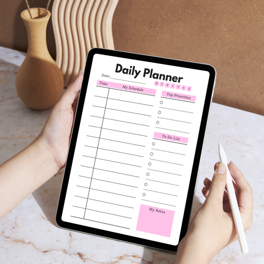 Minimal Pink Digital Daily Planner, Time Blocking, Priority & To Do List Page