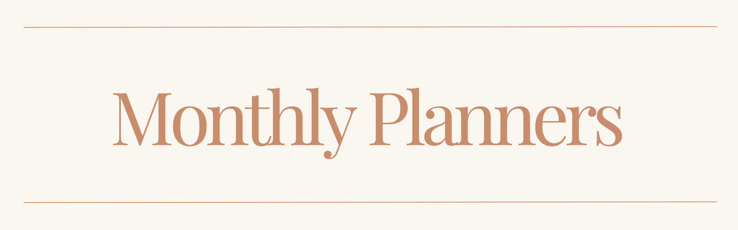 The text 'Monthly Planners' in a warm peach serif font, centered on a light cream background with thin peach horizontal lines above and below.