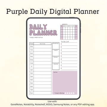 Purple Daily Digital Planner with Time Blocking, 6AM–8PM Schedule, Motivation, Meals & Monthly Calendar for iPad