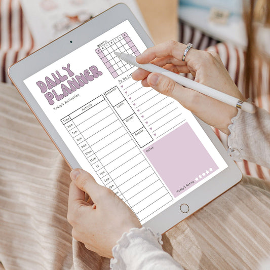 Purple Daily Digital Planner with Time Blocking, 6AM–8PM Schedule, Motivation, Meals & Monthly Calendar for iPad