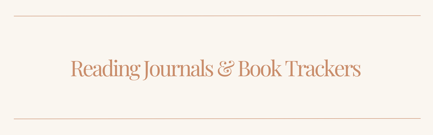 A minimalist beige banner with the words 'Reading Journals & Book Trackers' in a warm peach serif font, framed by thin horizontal peach lines above and below.