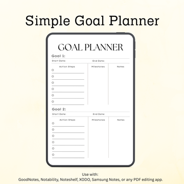 Dual Goal Digital Planner - Printable Goal Setting Worksheet with Action Steps, Milestones & Notes