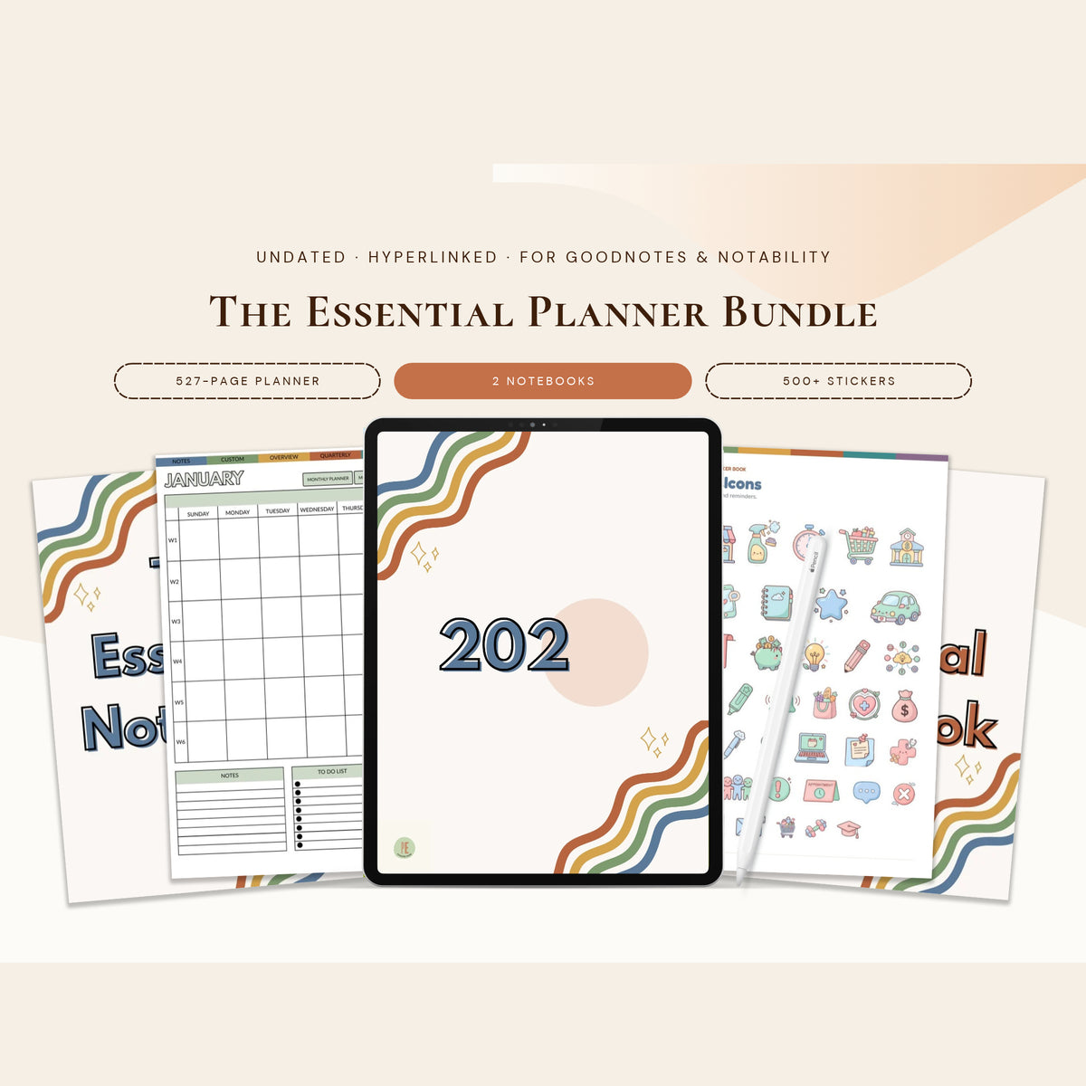 Digital product mockup for 'The Essential Planner Bundle' featuring a tablet displaying '202' and several planner pages fanned out behind it, with text describing 527-page planner, 3 notebooks, and 800+ stickers on a warm beige background.