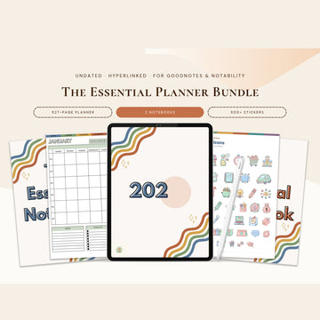 Digital product mockup for 'The Essential Planner Bundle' featuring a tablet displaying '202' and several planner pages fanned out behind it, with text describing 527-page planner, 3 notebooks, and 800+ stickers on a warm beige background.