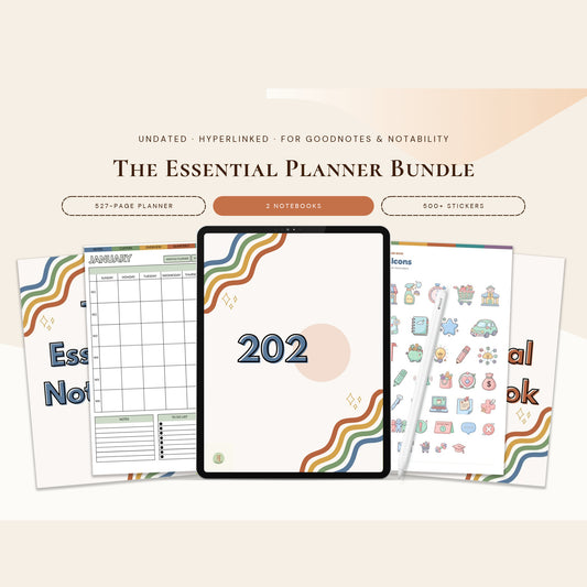 Digital product mockup for 'The Essential Planner Bundle' featuring a tablet displaying '202' and several planner pages fanned out behind it, with text describing 527-page planner, 3 notebooks, and 800+ stickers on a warm beige background.