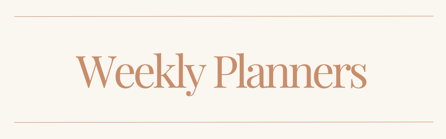 The text 'Weekly Planners' in a warm peach serif font, centered on a light cream background with thin horizontal peach lines above and below.
