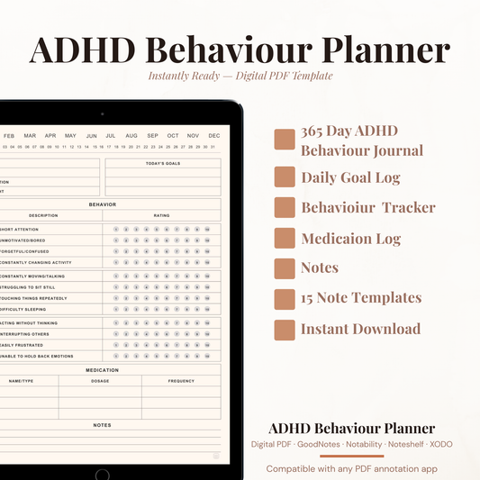 ADHD Behaviour Journal PDF for iPad - Inattention Hyperactivity Impulsivity Tracker Medication Log GoodNotes Instant Download