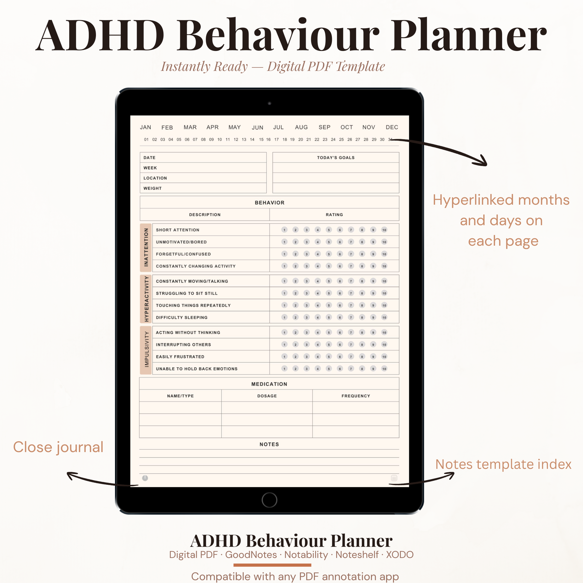 ADHD Behaviour Journal PDF for iPad - Inattention Hyperactivity Impulsivity Tracker Medication Log GoodNotes Instant Download
