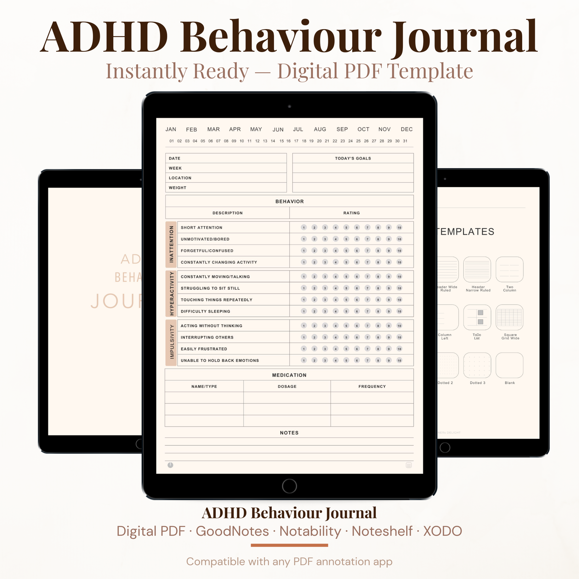 ADHD Behaviour Journal PDF for iPad - Inattention Hyperactivity Impulsivity Tracker Medication Log GoodNotes Instant Download
