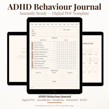 ADHD Behaviour Journal PDF for iPad - Inattention Hyperactivity Impulsivity Tracker Medication Log GoodNotes Instant Download