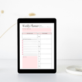 Undated digital affirmation daily and weekly planner PDF bundle shown side by side on two iPads with a clean feminine design in soft blush pink and rose accents, the daily planner featuring a date field, habit tracker dots, today's daily affirmation field, today's main goal section, hourly schedule from 6AM to 9PM, to do list with checkboxes and a notes section, and the weekly planner featuring a month field, week starts and to fields, this week's affirmation field, this week's goals section.