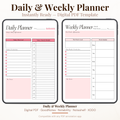 Undated digital affirmation daily and weekly planner PDF bundle shown side by side on two iPads with a clean feminine design in soft blush pink and rose accents, the daily planner featuring a date field, habit tracker dots, today's daily affirmation field, today's main goal section, hourly schedule from 6AM to 9PM, to do list with checkboxes and a notes section, and the weekly planner featuring a month field, week starts and to fields, this week's affirmation field, this week's goals section.