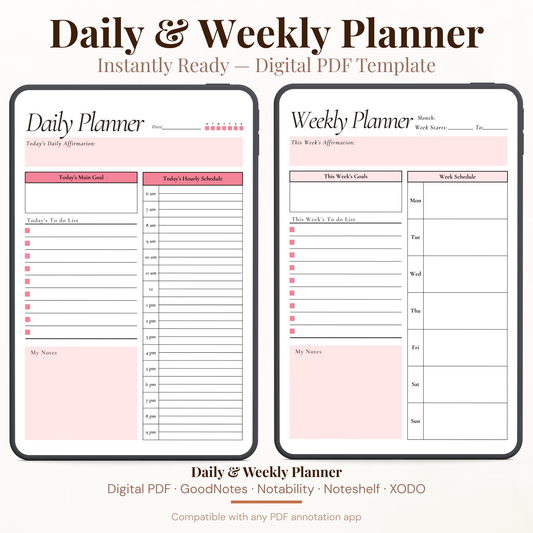 Undated digital affirmation daily and weekly planner PDF bundle shown side by side on two iPads with a clean feminine design in soft blush pink and rose accents, the daily planner featuring a date field, habit tracker dots, today's daily affirmation field, today's main goal section, hourly schedule from 6AM to 9PM, to do list with checkboxes and a notes section, and the weekly planner featuring a month field, week starts and to fields, this week's affirmation field, this week's goals section.