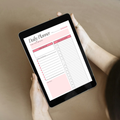 Undated digital affirmation daily and weekly planner PDF bundle shown side by side on two iPads with a clean feminine design in soft blush pink and rose accents, the daily planner featuring a date field, habit tracker dots, today's daily affirmation field, today's main goal section, hourly schedule from 6AM to 9PM, to do list with checkboxes and a notes section, and the weekly planner featuring a month field, week starts and to fields, this week's affirmation field, this week's goals section.