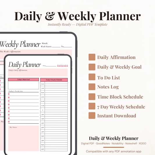Undated digital affirmation daily and weekly planner PDF bundle shown side by side on two iPads with a clean feminine design in soft blush pink and rose accents, the daily planner featuring a date field, habit tracker dots, today's daily affirmation field, today's main goal section, hourly schedule from 6AM to 9PM, to do list with checkboxes and a notes section, and the weekly planner featuring a month field, week starts and to fields, this week's affirmation field, this week's goals section.