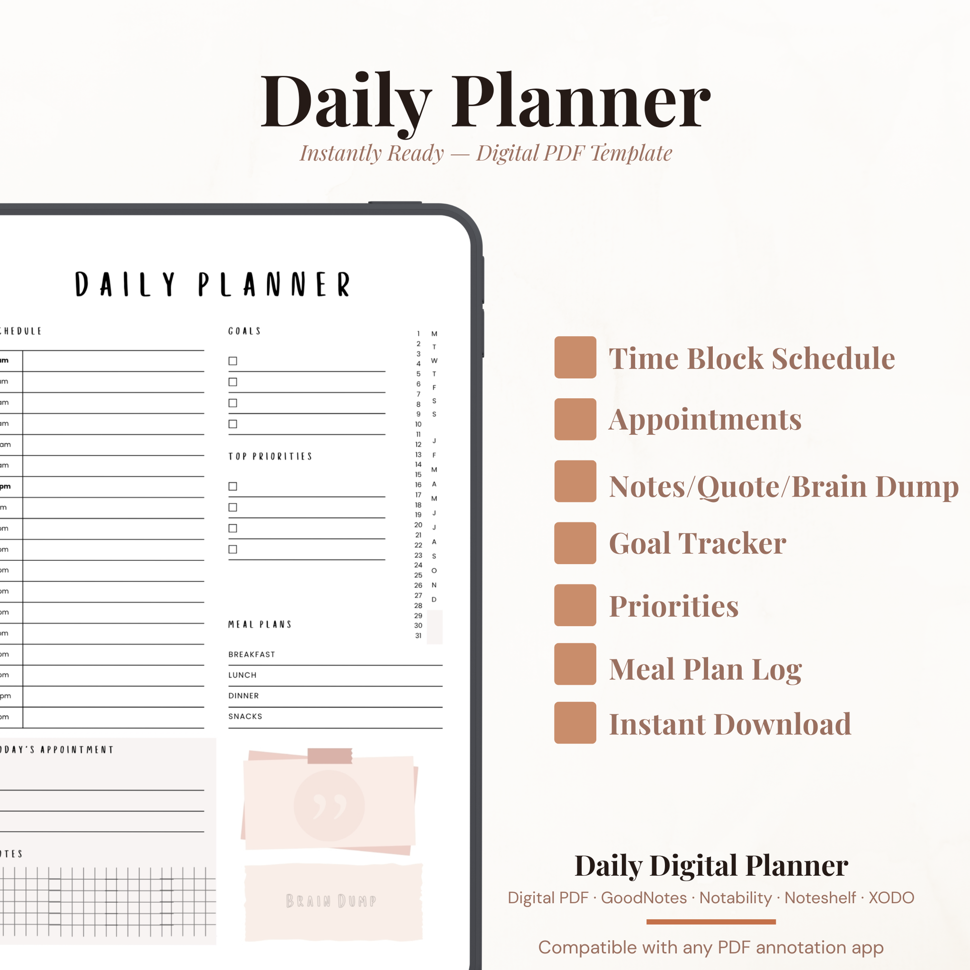 All in One Digital Daily Planner PDF for iPad - Hourly Schedule Goals Meal Plan Brain Dump GoodNotes Instant Download